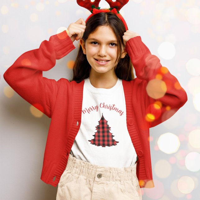 T-Shirt Joyeux Noël Buffalo Check Motif (Merry Christmas buffalo check pattern tree t shirt. )