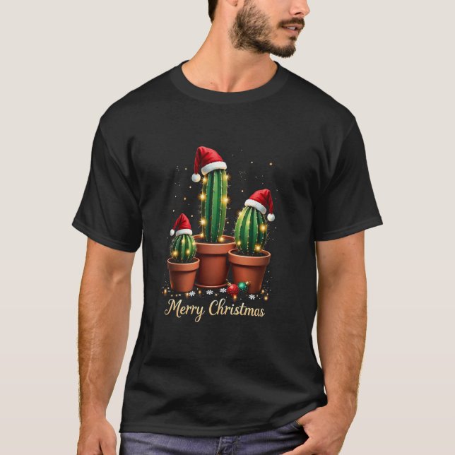 T-shirt Joyeux Noël Cactus Xmas Arbres Lumières Père Noël  (Devant)