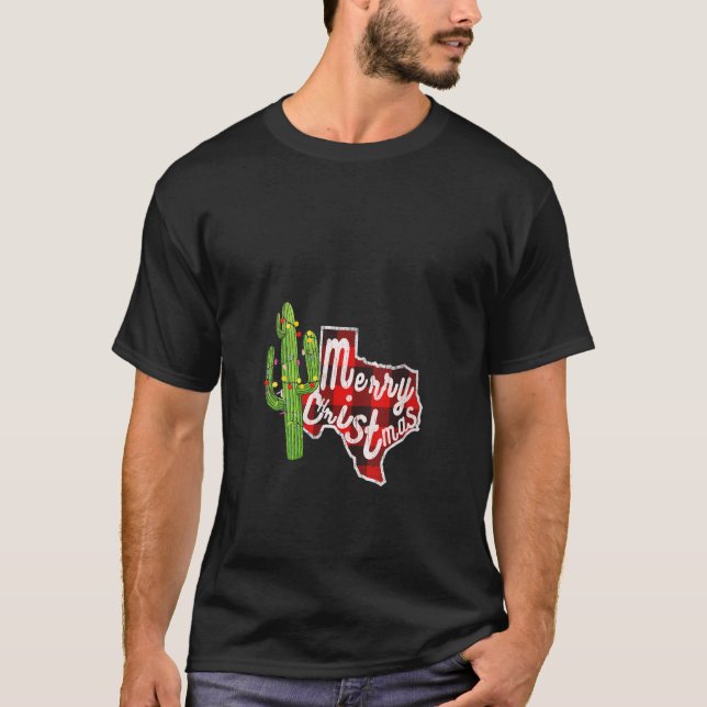 T-shirt Joyeux Noël Cactus Xmas Tree Lights Texas Buff (Devant)