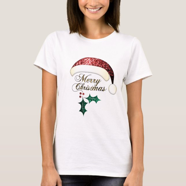 T-shirt Joyeux Noël chapeau de Noël Rouge or Vert Éclats (Devant)