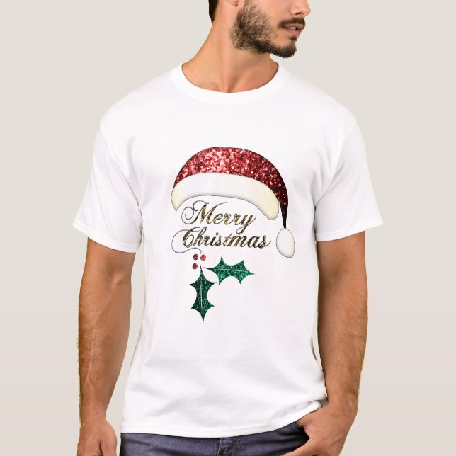 T-shirt Joyeux Noël chapeau de Noël Rouge or Vert Éclats (Devant)