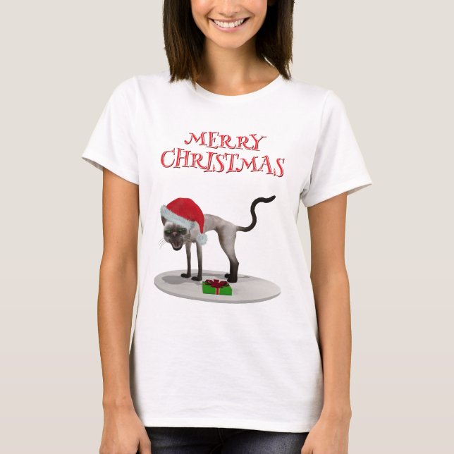 T-shirt Joyeux Noël. Chat avec chapeau de Père Noël (Devant)