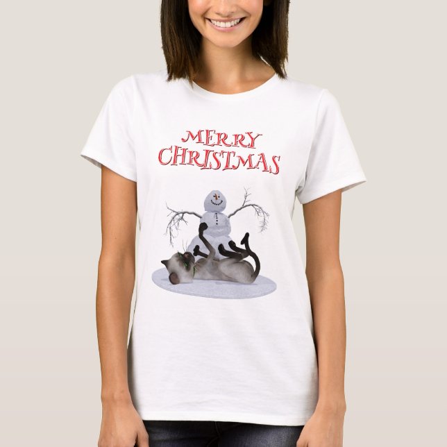 T-shirt Joyeux Noël. Chat avec snowman (Devant)