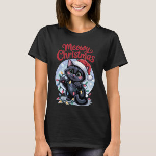 T-shirt Joyeux Noël Chat Noir avec Chapeau de Père Noël et