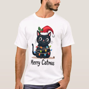T-shirt Joyeux Noël chat noir Lumière de Noël Xmas Famille