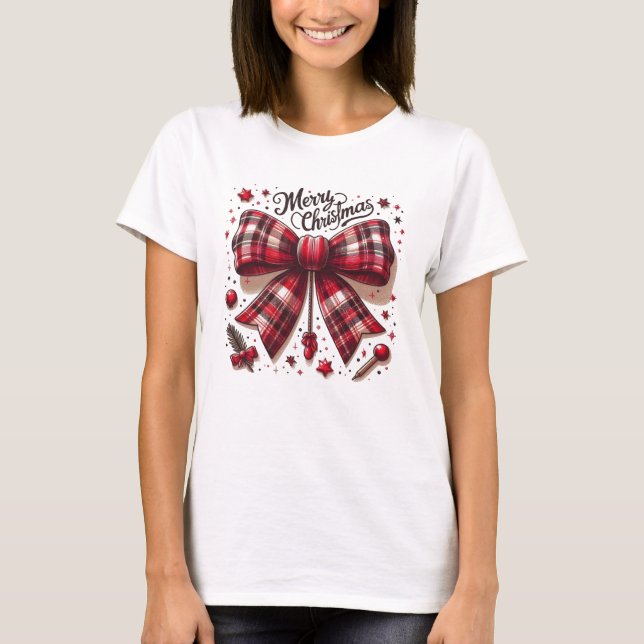 T-shirt joyeux noël cheveux plaid rouge arc (Devant)