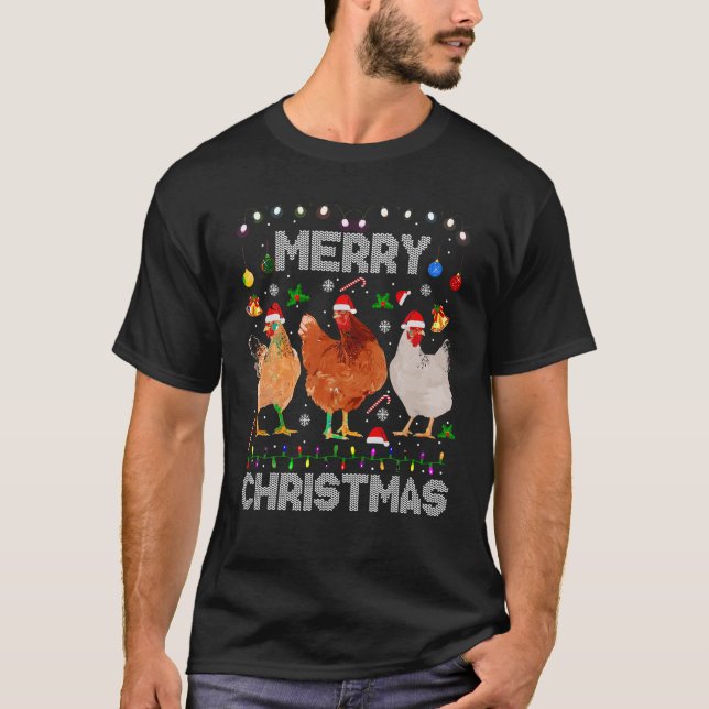 T-shirt Joyeux Noël Chicken Chemise Santa Hat Lumières Xma (Devant)
