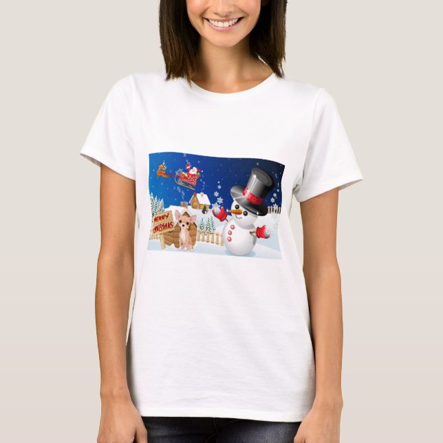 T-shirt Joyeux Noël Chihuahua avec Frosty (Devant)