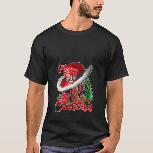 T-shirt Joyeux Noël Cowboy Boots Xmas Tree Lights Cowowg (Devant)