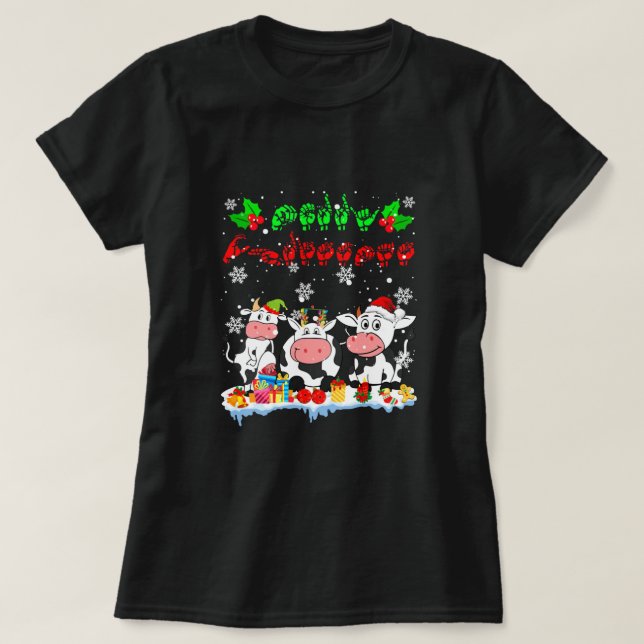 T-shirt Joyeux Noël Cute Cow Farmer ASL Langue des signes (Design devant)