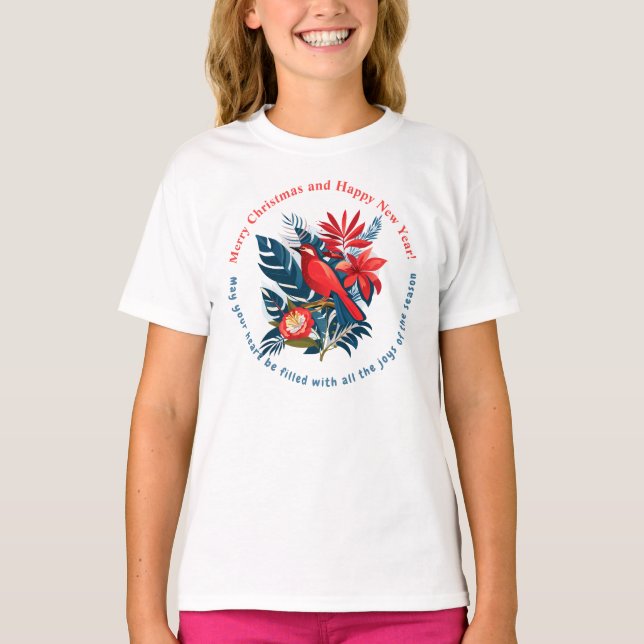 T-shirt Joyeux Noël et Bonne Année ! Oiseau Rouge BOHO (Devant)