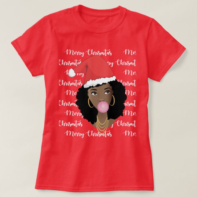 T-shirt Joyeux Noël, Femme noire, Chapeau rouge, Genre (Design devant)