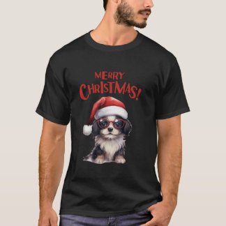 T-shirt Joyeux Noël Festif Chien Mignonne lunettes Santa H