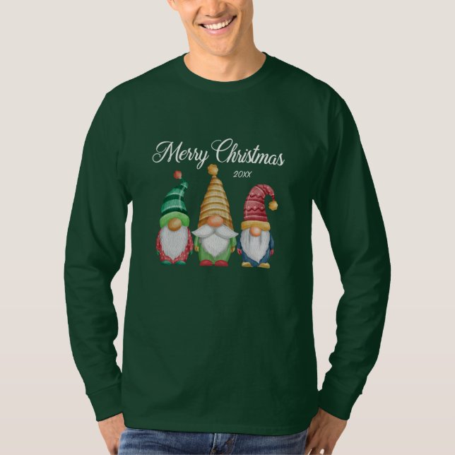 T-shirt Joyeux Noël Festive Gnomes Green Long Manches (Devant)