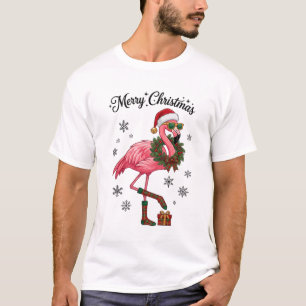 T-shirt Joyeux Noël Flamant Chapeau de Père Noël Couronne
