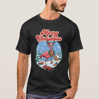 T-shirt Joyeux Noël Flamant Rose Chapeau de Père Noël Luge