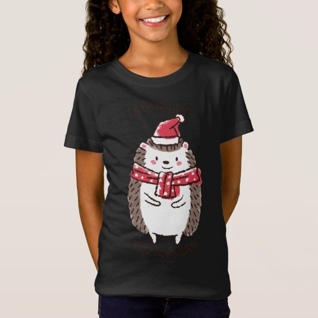 T-Shirt Joyeux Noël Funny Mignonne Hérisson Santa Hat Star (Devant)