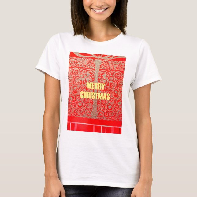 T-shirt Joyeux Noël Golden Red Parties scintillant Hearts  (Devant)