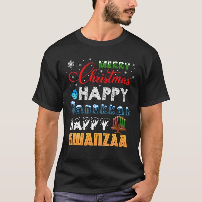 T-shirt Joyeux Noël Joyeux Hanoukka Joyeux Kwanzaa (Devant)