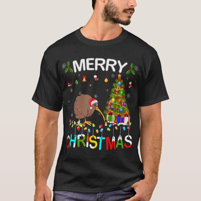 T-shirt Joyeux Noël Kiwi Santa Chapeau illuminations Noël  (Devant)