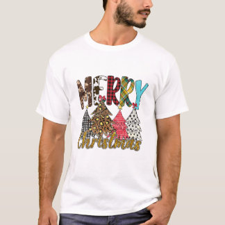 T-shirt Joyeux Noël Leopard Buffalo Plaid Xmas Tree