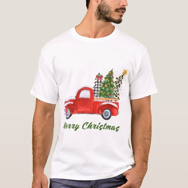 T-shirt Joyeux Noël Leopard Plaid Arbre de Noël Rouge T (Devant)