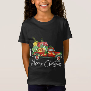 T-Shirt Joyeux Noël Lumières Camion Rouge Arbre de famille