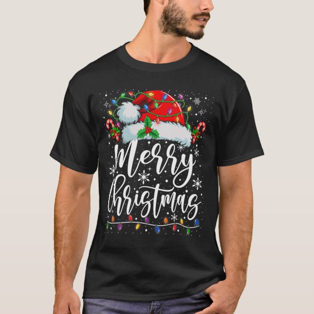 T-shirt Joyeux Noël Lumières Rouge Noël Chapeau Noël Famil (Devant)