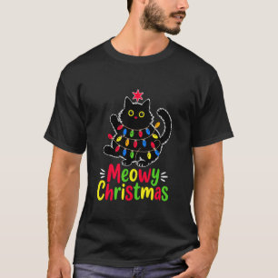 T-shirt Joyeux Noël Lumières Xmas Chat Noir Drôle Hommes W