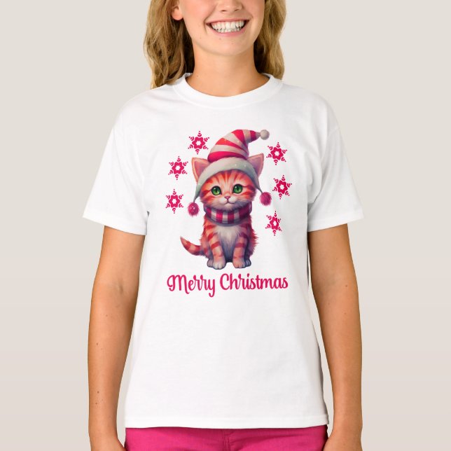 T-shirt Joyeux Noël mignon Chat de Noël (Devant)