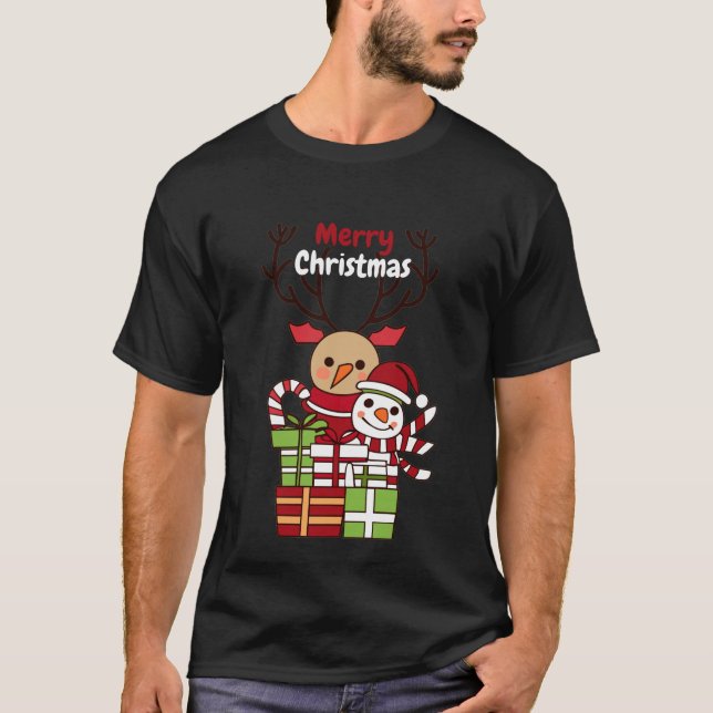 T-shirt Joyeux Noël mignon dessin animé rennes bonhomme de (Devant)