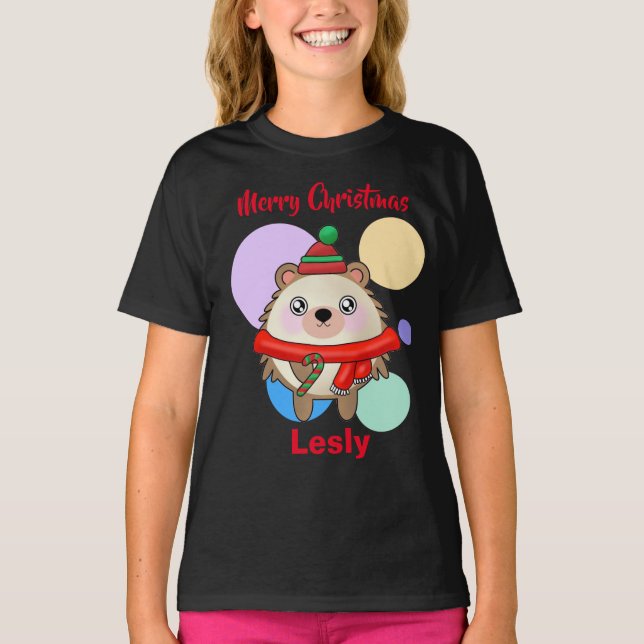 T-shirt Joyeux Noël mignon Kawaii Hérisson amical (Devant)