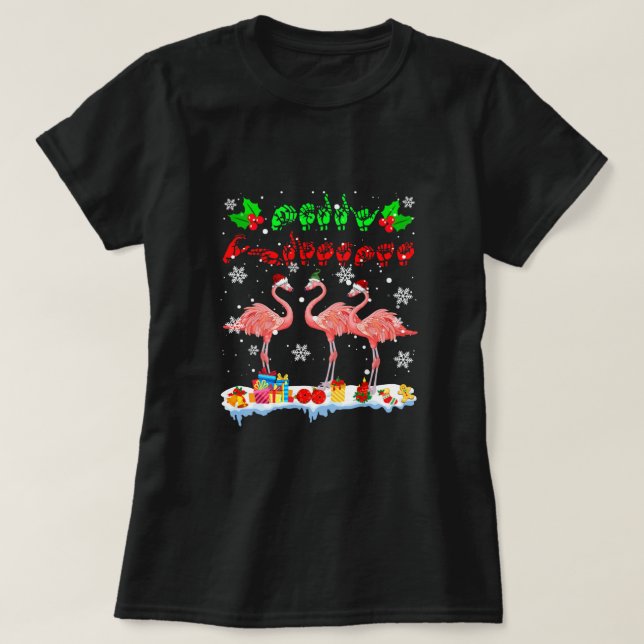 T-shirt Joyeux Noël Mignonne Flamant rose Noël ASL Langue  (Design devant)