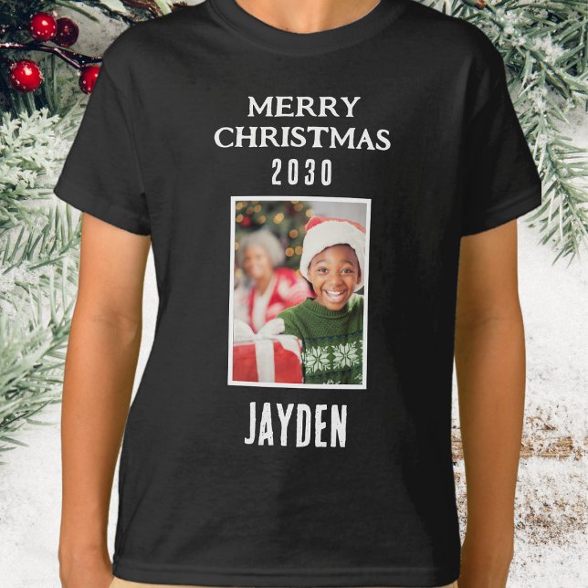 T-shirt Joyeux Noël Nom Et Photo Boys Noir (Merry Christmas - Boys Photo Black T.Shirt)
