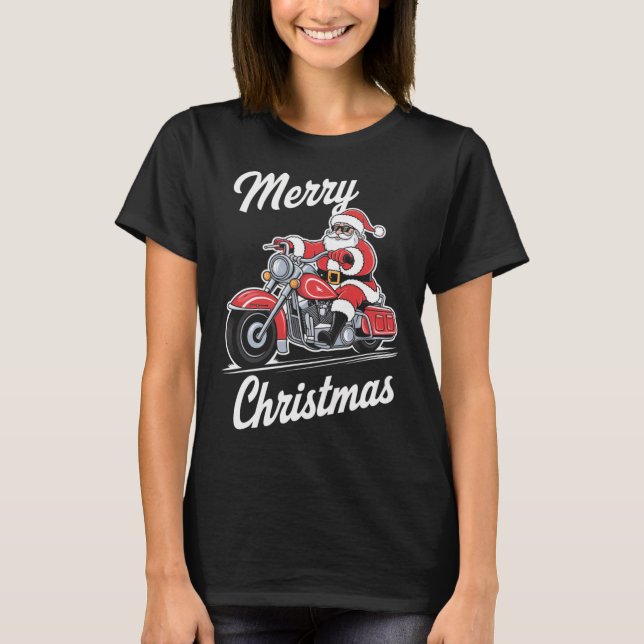 T-shirt Joyeux Noël Père Noël équitation Moto Moto Love (Devant)