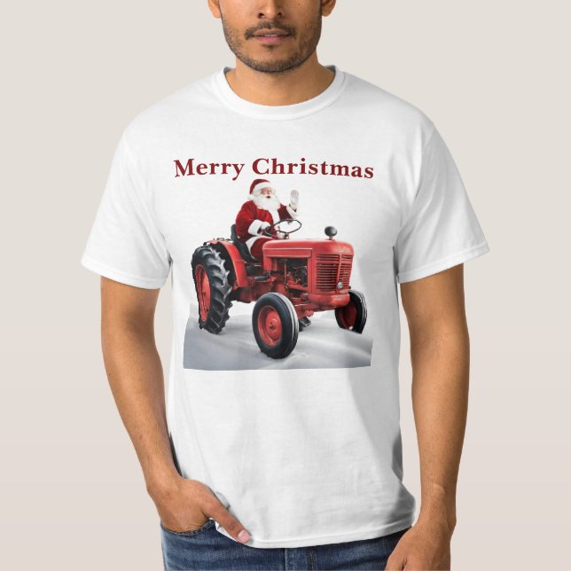 T-shirt Joyeux Noël Père Noël Red Tractor Cool Farm (Devant)