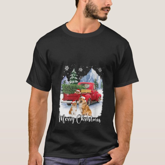 T-shirt Joyeux Noël Père Noël Shetland Sheepdog Red Truck (Devant)