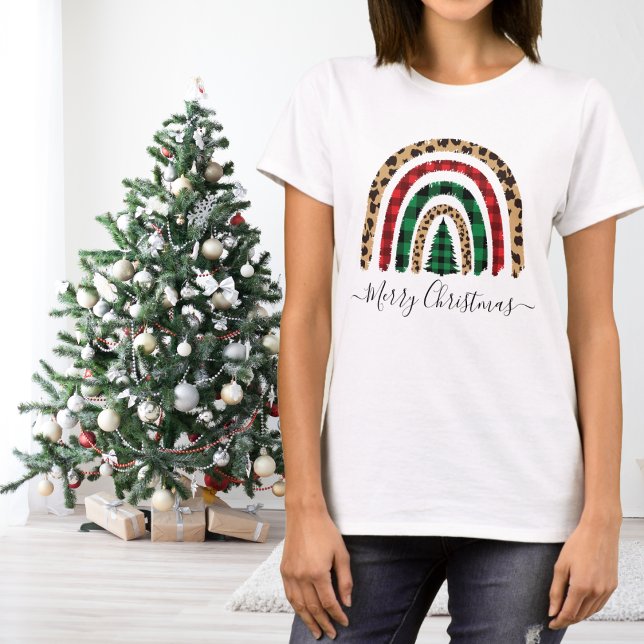 T-shirt Joyeux Noël Plaid et Empreinte de léopard Rainbow (Créateur téléchargé)