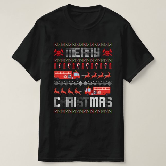 T-shirt Joyeux Noël Pompier Xmas Camion cadeau (Design devant)