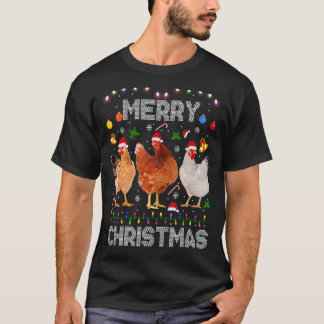 T-shirt Joyeux Noël Poulet Chapeau de Père Noël Lumières