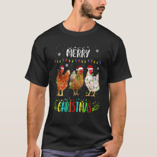 T-shirt Joyeux Noël Poulet Chapeau de Père Noël Lumières X