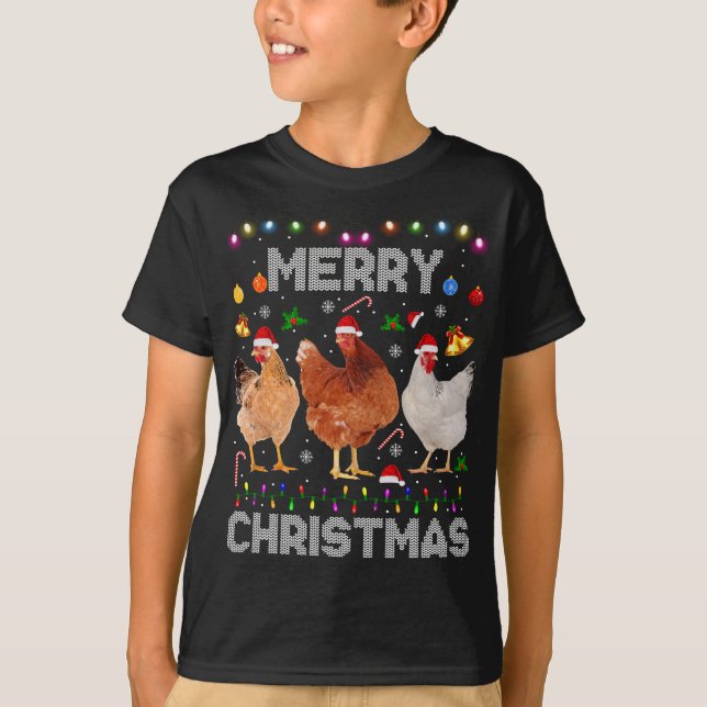 T-shirt Joyeux Noël Poulet de Noël Lumières de chapeau Noë (Devant)