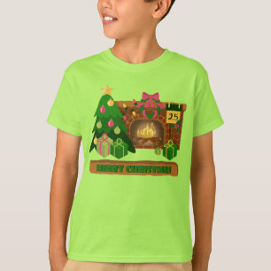 T-shirt Joyeux Noël près de la cheminée bonfire xmas arbre