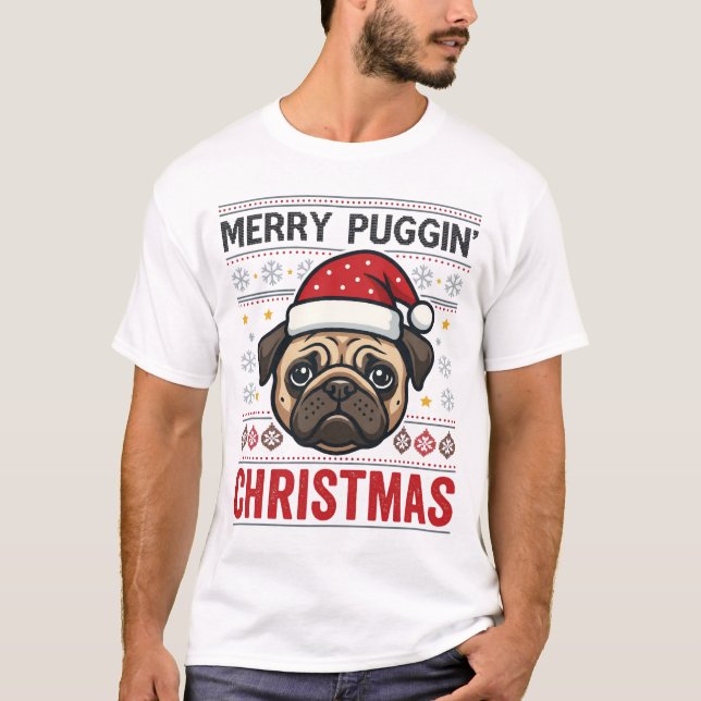 T-shirt Joyeux Noël Puggin Design de Pug (Devant)
