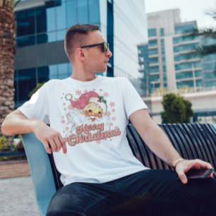 T-shirt Joyeux Noël Retro Typographie Père Noël Pink Casqu