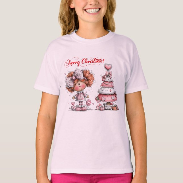 T-shirt Joyeux Noël rose  (Devant)