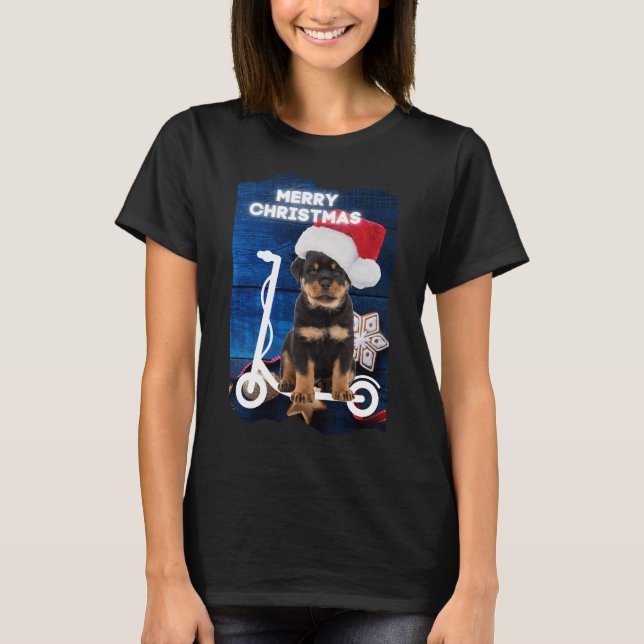 T-shirt Joyeux Noël Rottweiler Chiot sur Scooter (Devant)