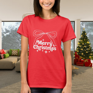 T-shirt Joyeux Noël rouge à main dessiné arc rétro