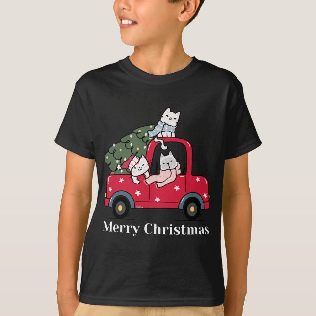 T-shirt Joyeux Noël Rouge Camion Amoureux des chats Pajama (Devant)