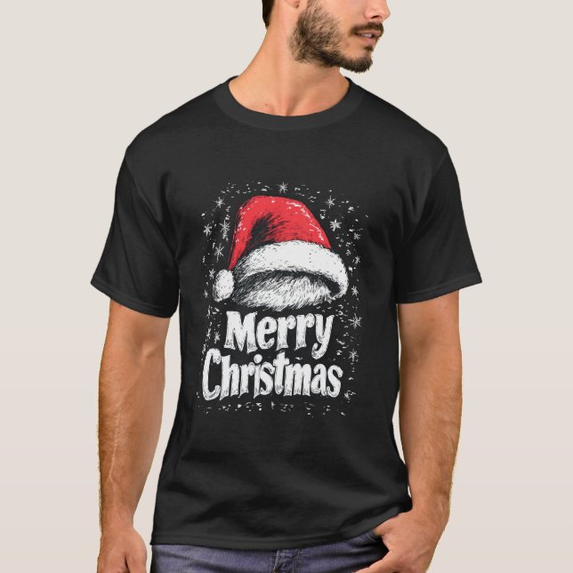 T-shirt Joyeux Noël Rouge Chapeau Noël Joyeux Famille de N (Devant)
